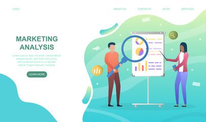 Male and female characters are are analysing marketing with magnifier. Concept of analysis and brainstorm and teamwork. Website, web page, landing page template. Flat cartoon vector illustration