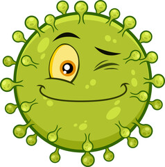 Smiling Coronavirus (COVID-19) Cartoon Emoji Character Winking. Vector Illustration Isolated On Transparent Background