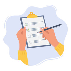 Hands holding clipboard with checklist with green check marks and pen. Human filling control list on notepad. Concept of Survey, quiz, to-do list or agreement. Vector illustration in flat style. - obrazy, fototapety, plakaty