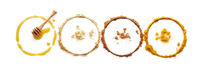 Circle of spices powder with honey on white background