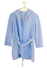 Vertical shot of a blue robe with a hanger isolated on a white background