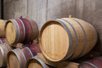 wooden oak barrels in a winery nearby Batorove Kosihy, Slovakia