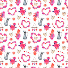 Watercolor Valentine's day romantic seamless pattern. Repeating texture with floral hearts, garlands, rustic jug, flowers, decorations. For scrapbook, planners, wedding design, postcards, prints, card