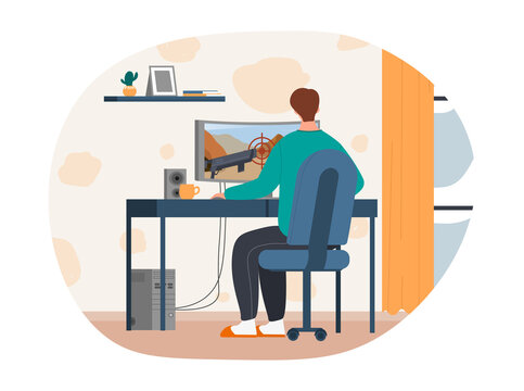 Male character is playing computer game at home. Young man sitting at desk and enjoying online gaming. Concept of teenager hobby and leisure activity. Flat cartoon vector illustration