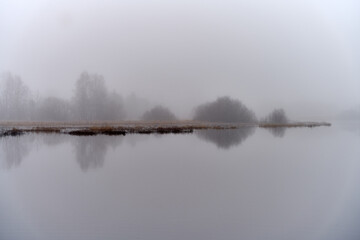 Foggy, almost black and white landscape photo of a swampy flatland with a lake, bushes, trees during the autumn