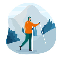 Male character is hiking alone in winter. Man warm clothes is hiking outdoors with mountains at the background. Cheerful man is climbing up the mountain. Flat cartoon vector illustration