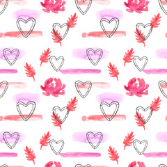 Watercolor Valentine's day  seamless pattern. Cute repeating texture with hearts, brush strokes, florals. Feminine backdrop. For mother's day, scrapbooking, planners, wedding design, postcards, prints