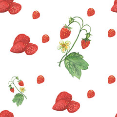 watercolor seamless pattern strawberry sprout
