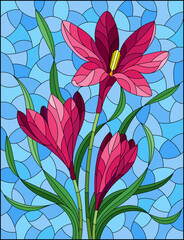 Illustration in stained glass style with pink hyacinth flowers on a blue background, rectangular image
