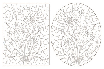 Set of contour illustrations in stained glass style with hyacinth flowers, dark outlines on a white background