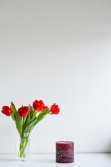 Tulip bouquet standing on the transparent glass vase on the white wooden background and red candle - Simplicity and nature