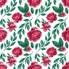 Watercolor peonies and leaves seamless pattern. Handdrawn watercolor painted isolated, Botanical Decoration and symbol . Perfect for decoration of invitations, posters and packaging.