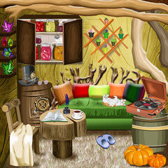 A fairytale house of characters who live in a tree, a cozy room of freaks with a sofa, patyphon, pumpkins, pillows and a cabinet with souvenirs 