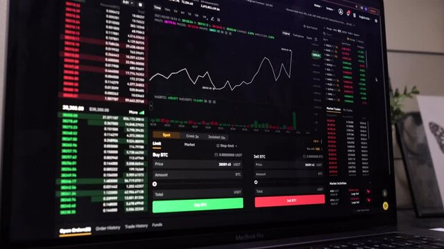 Crypto currency chart with values moving up and down, trading statistics and analytics on laptop screen | forex background | Binary options | Stock market