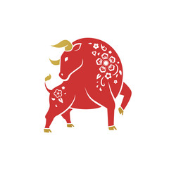 Chinese zodiac symbol red Ox with floral ornament and golden horns. Isolated on white background floral bull symbol for Year of Ox celebration. - Vector