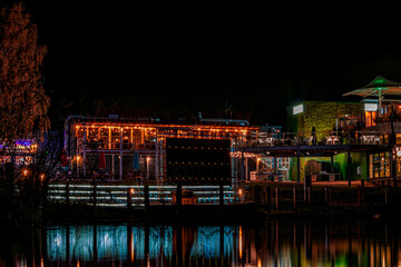 Tattershall Lakes Country Park UK by the lake at night.