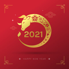 Fototapeta na wymiar Vector illustration for Chinese New Year 2021 holiday with golden circle stylized Ox symbol on red background. Happy New Year