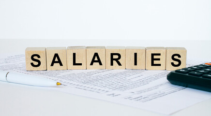 Salaries word concept written on wooden cubes blocks