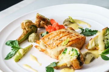 salmon steak with vegetables