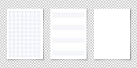 Realistic blank lined paper sheets in A4 format on transparent background. Notebook page, document. Design template or mockup. Vector illustration.
