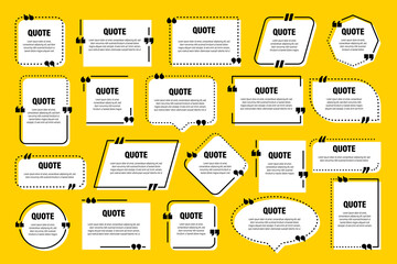 White isolated quote frames. Speech bubbles with quotation marks. Blank text box and quotes. Blog post template. Vector illustration.