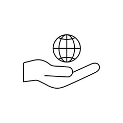 Globe line icon and human hand. Environment protection concept. Vector linear illustration isolated on white