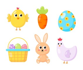 Happy Easter day set. cartoon character rabbits and chicks isolated on white background. vector Illustration.