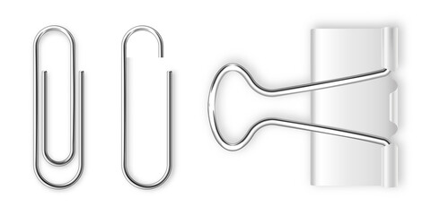 Realistic white paper binder and metal clip, holder. Design mockup. Vector illustration.