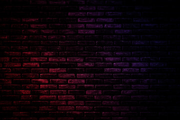 Plakat Neon light on brick walls that are not plastered background and texture. Lighting effect red and blue neon background vertical of empty brick basement wall.
