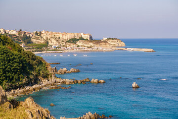 Landscape of Tropea and the Sanctuary of Santa Maria dell'Isola, Calabria, Italy. Landmarks of Calabria, iconic church in Tropea.
