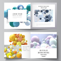 Vector layout of two covers templates for square bifold brochure, flyer, magazine, cover design, book design, brochure cover. Realistic vector background with multicolored 3d spheres, bubbles, balls.