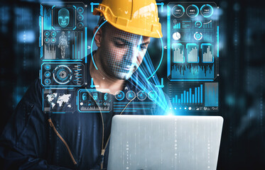 Facial recognition technology for industry worker to access machine control . Future concept interface showing digital biometric security system that analyze human face to verify personal data .