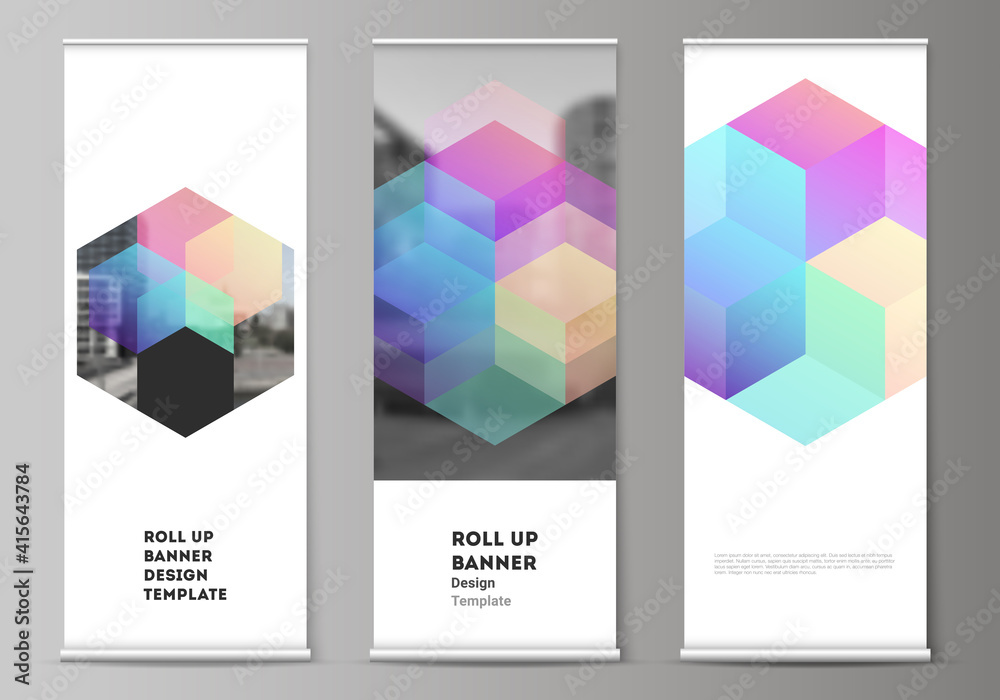 Wall mural vector layout of roll up mockup design templates with abstract shapes and colors for vertical flyers