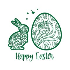 Easter bunny, hearts, easter egg, rabbit laser cutting design. Happy Easter greeting card. Decorative fancy hare and egg with laser cut pattern for die cutting. Vector illustration.
