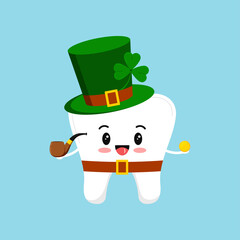 St Patrick day tooth in leprechaun costume with shamrock gold coin. Dental tooth irish character with money, clover, pipe, green hat. Flat design cartoon style Saint Patrick day vector illustration.
