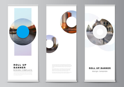 Vector layout of roll up mockup templates for vertical flyers, flags design templates, banner stands, advertising design mockups. Background template with rounds, circles for IT, technology.