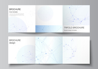 Vector layout of square format covers templates for trifold brochure, flyer, magazine, cover design, book design, brochure cover. Blue medical background with connecting lines and dots, plexus.