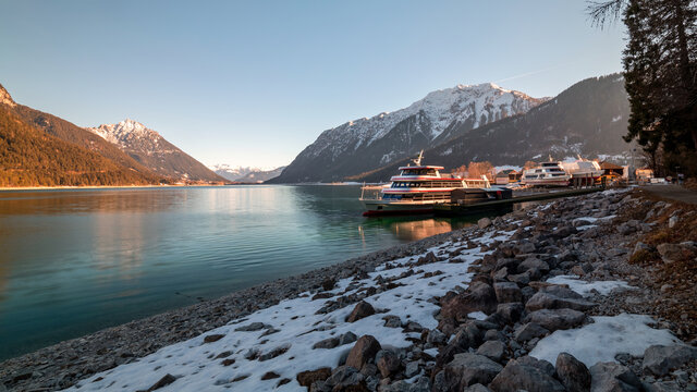 Winter mooring of cruise ships on Lake Achensee.2021