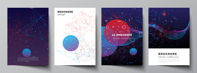 Vector layout of A4 cover mockups templates for brochure, flyer layout, booklet, cover design, book design. Artificial intelligence, big data visualization. Quantum computer technology concept.