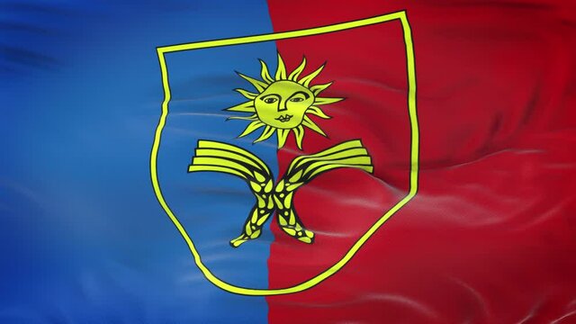 Khmelnytskyi Oblast (province of Ukraine) flag waving in the wind with highly detailed fabric texture. Seamless loop