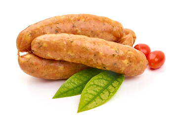Smoked pork sausages, isolated on white background