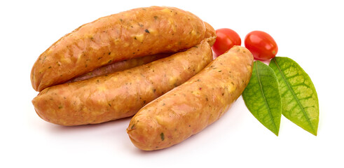Smoked sausages with cheese, isolated on white background