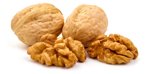 Walnuts with kernel, Nuts, isolated on white background