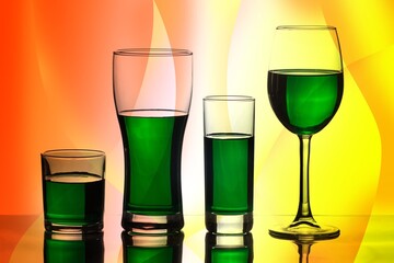 Glasses of different shapes filled with green liquid and placed in a row on a bright red and yellow background.