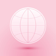 Paper cut Earth globe icon isolated on pink background. World or Earth sign. Global internet symbol. Geometric shapes. Paper art style. Vector.