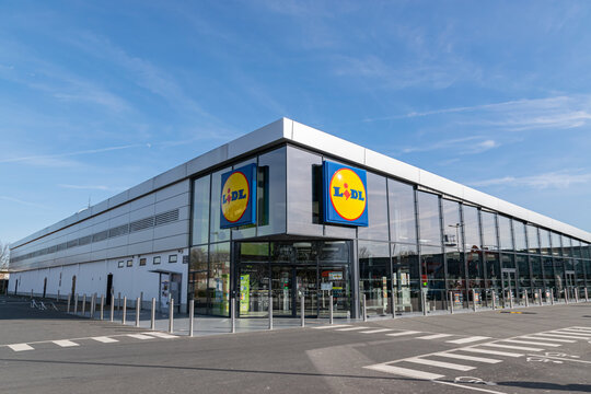 Wattrelos,FRANCE-February 21,2021: View of modern Lidl supermarket and logo.Lidl is a German global discount supermarket chain,operating in 26 European countries and the United States.