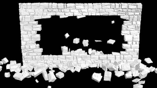 Wall explosion, destruction. 3D animation. Stonewall collapse, wall breaking exploding. Transparent background. Full HD Footage. Alpha channel included. Apple ProRes 4444. 