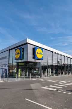 Wattrelos,FRANCE-February 21,2021: View of modern Lidl supermarket and logo.Lidl is a German global discount supermarket chain,operating in 26 European countries and the United States.