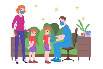 Obraz premium Vaccination concept for immunity health. Vaccine anti Covid-19. Doctors makes an injection of antivirus vaccine to kids and inviting next. Child healthcare, coronavirus, prevention and immunize.