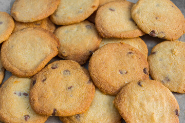 Close up of several homemade chocolate chip cookes